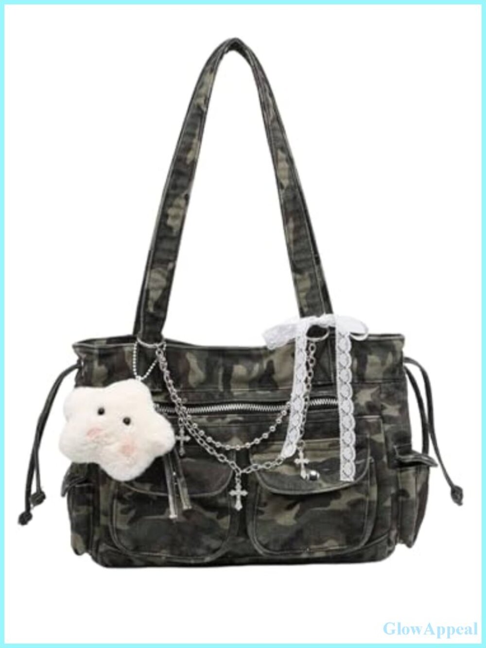 Camo Canvas Tote Bag with Multi Pockets Zipper Double Handle Y2K Handbag